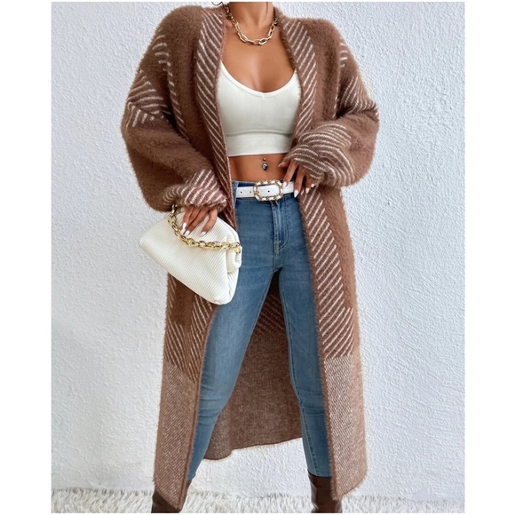 Cozy Color Block Stripes Fuzzy Open Front Cardigan - Picture 6 of 12